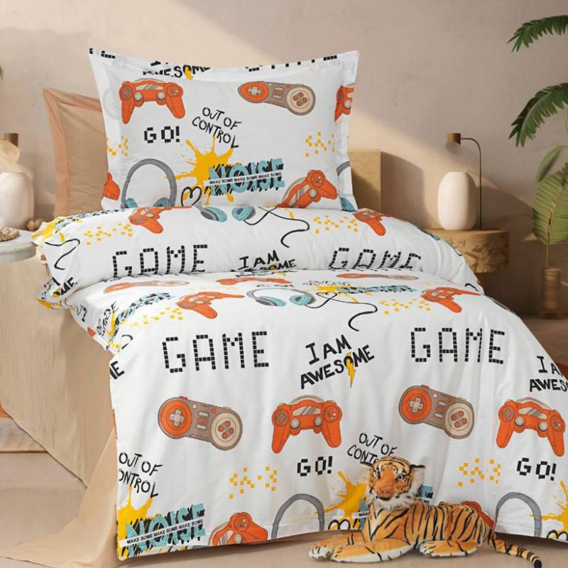 дитяча постільна білизна з оранжевою ігровою приставкою та написами game