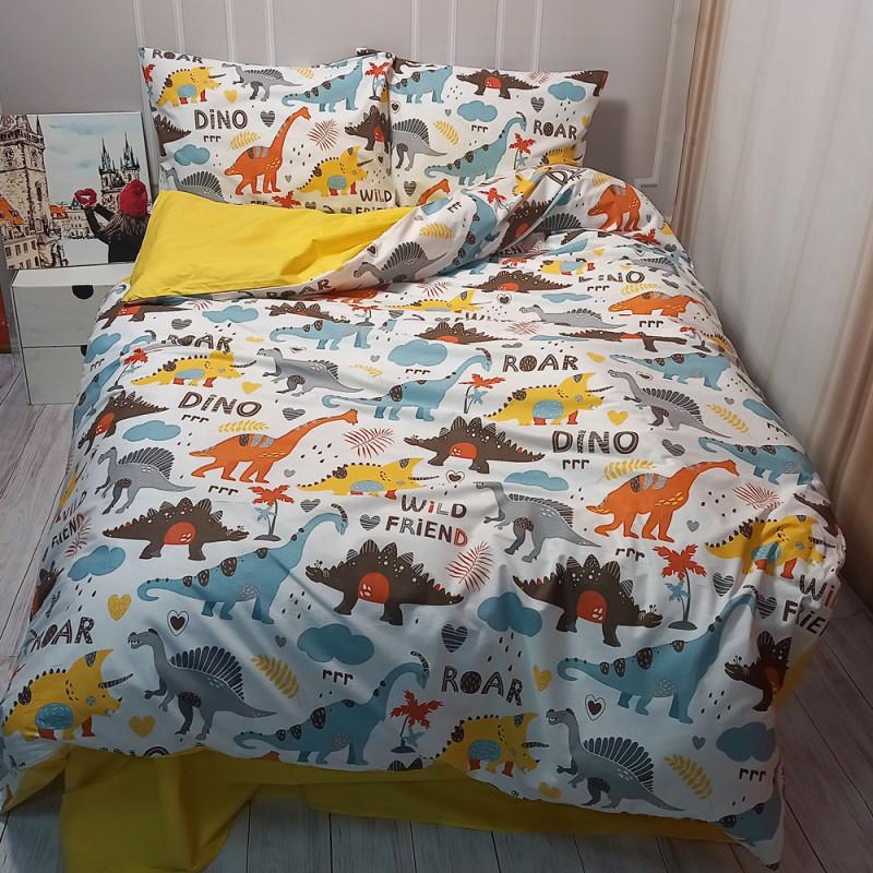 дитяча постільна білизна з оранжевими, блакитними, жовтими та коричневими динозаврами фото 1