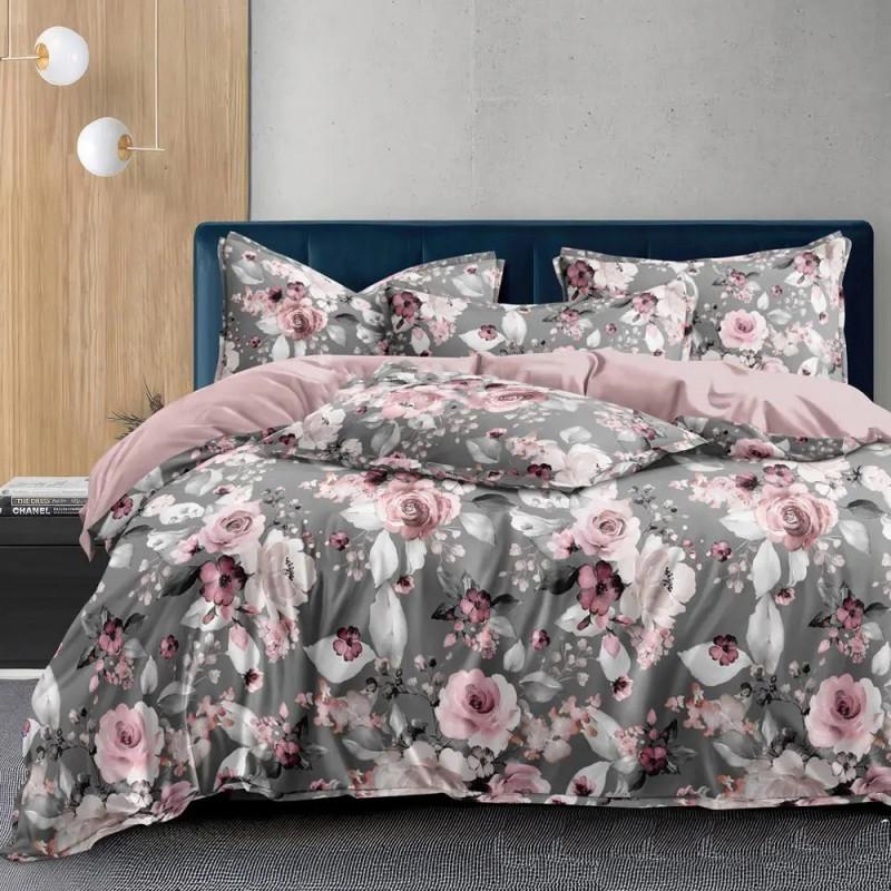 постільна білизна сатин сірого кольору з рожевими трояндами