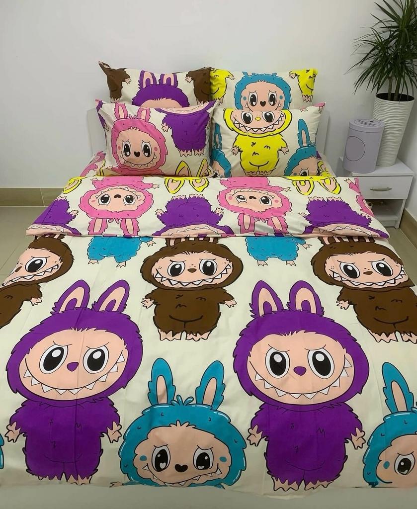 дитяча постільна білизна з великими лабубу бузковими, коричневими, рожевими та бірюзовими фото 1