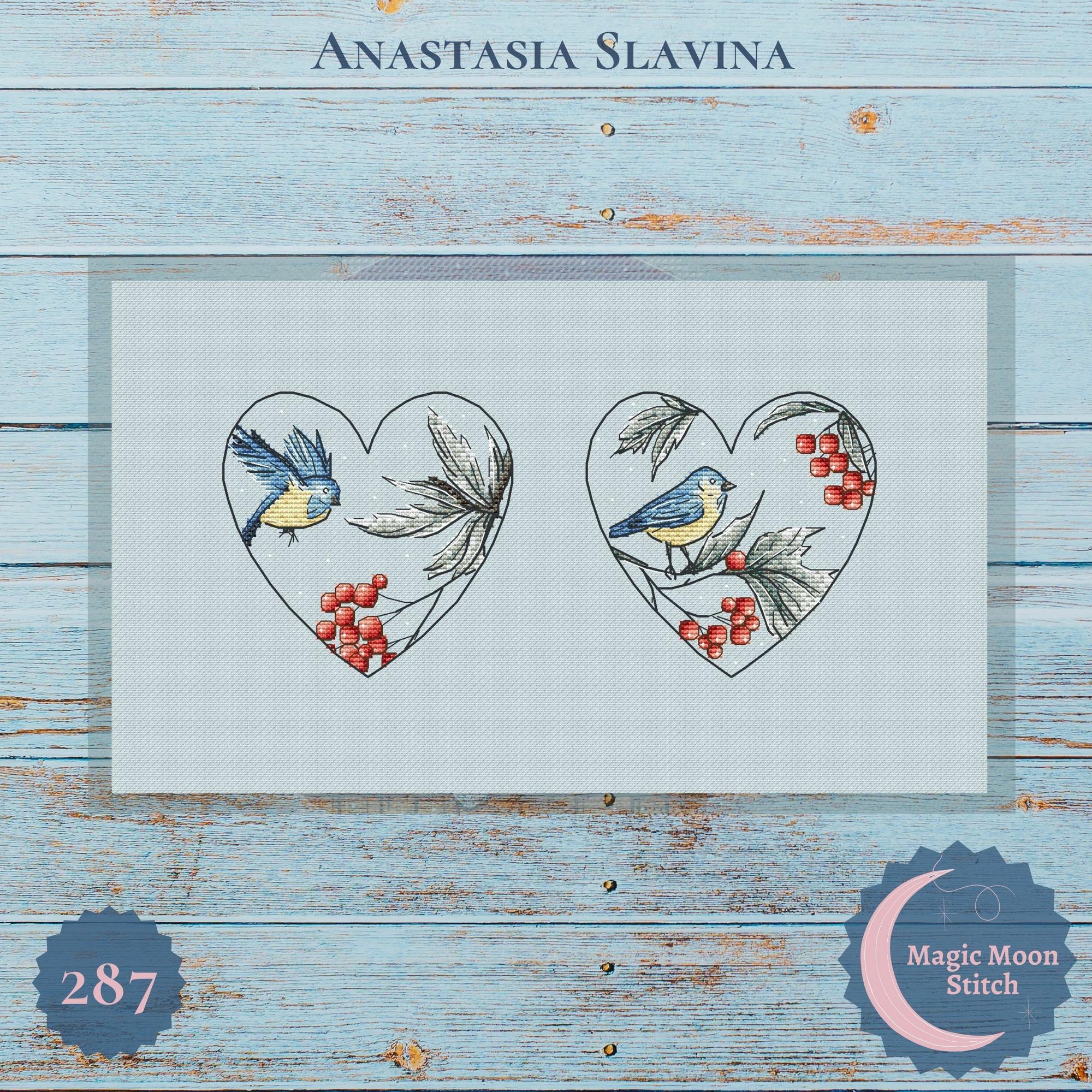 Hearts with a bird - cross stitch pattern