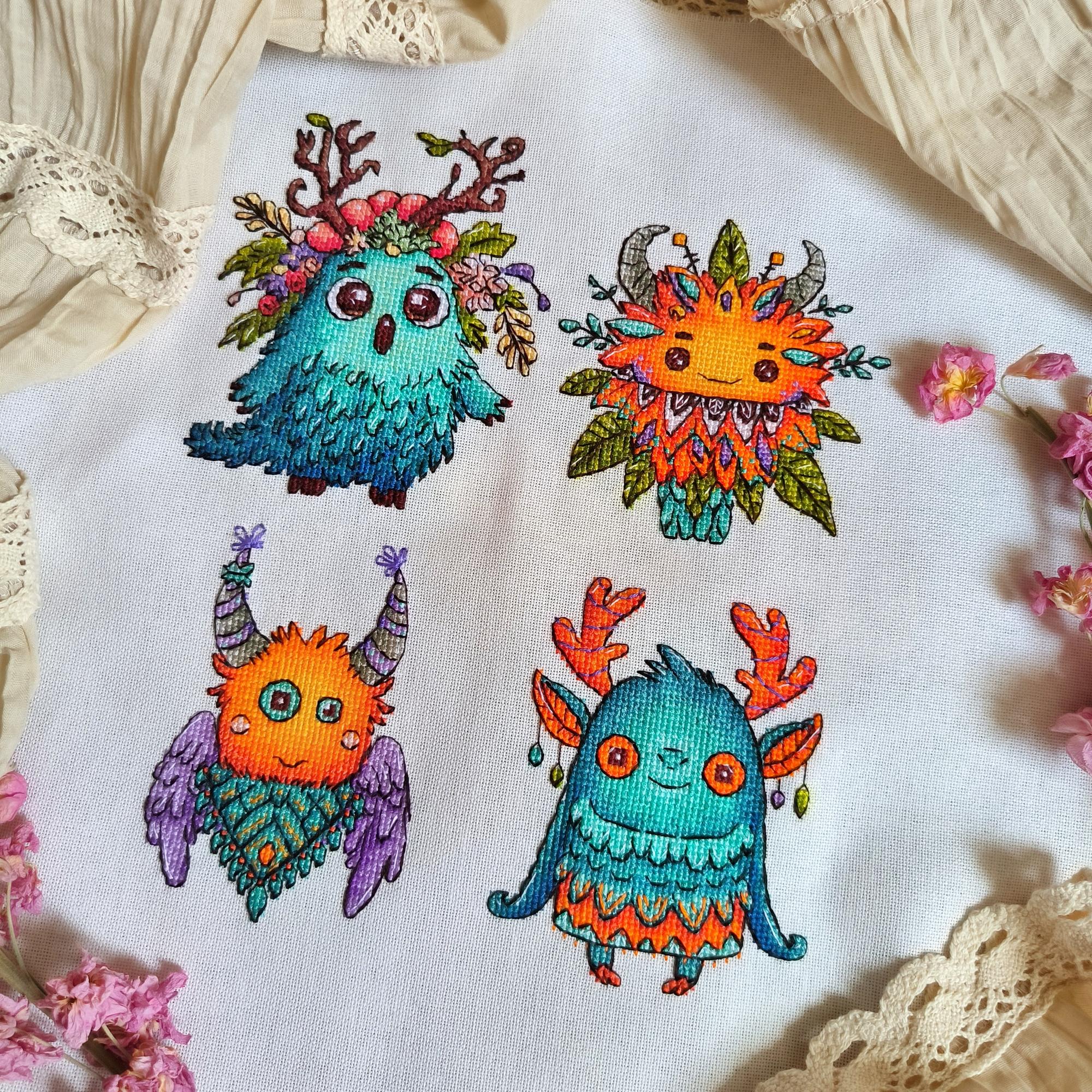 Funny embroidery monsters set - cross stitch pattern