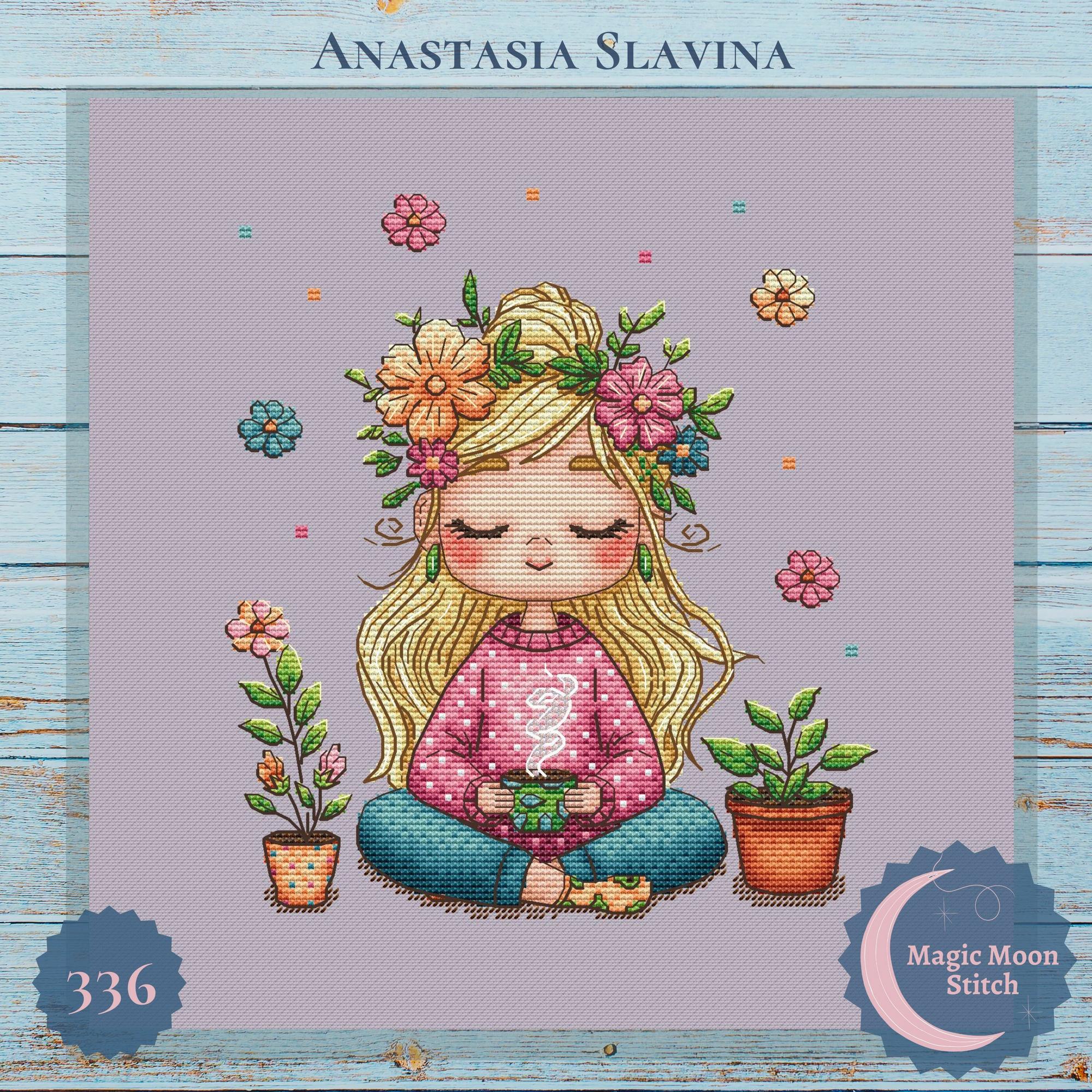 Tea and Coffee Meditation Girl  (3 colors) - cross stitch pattern