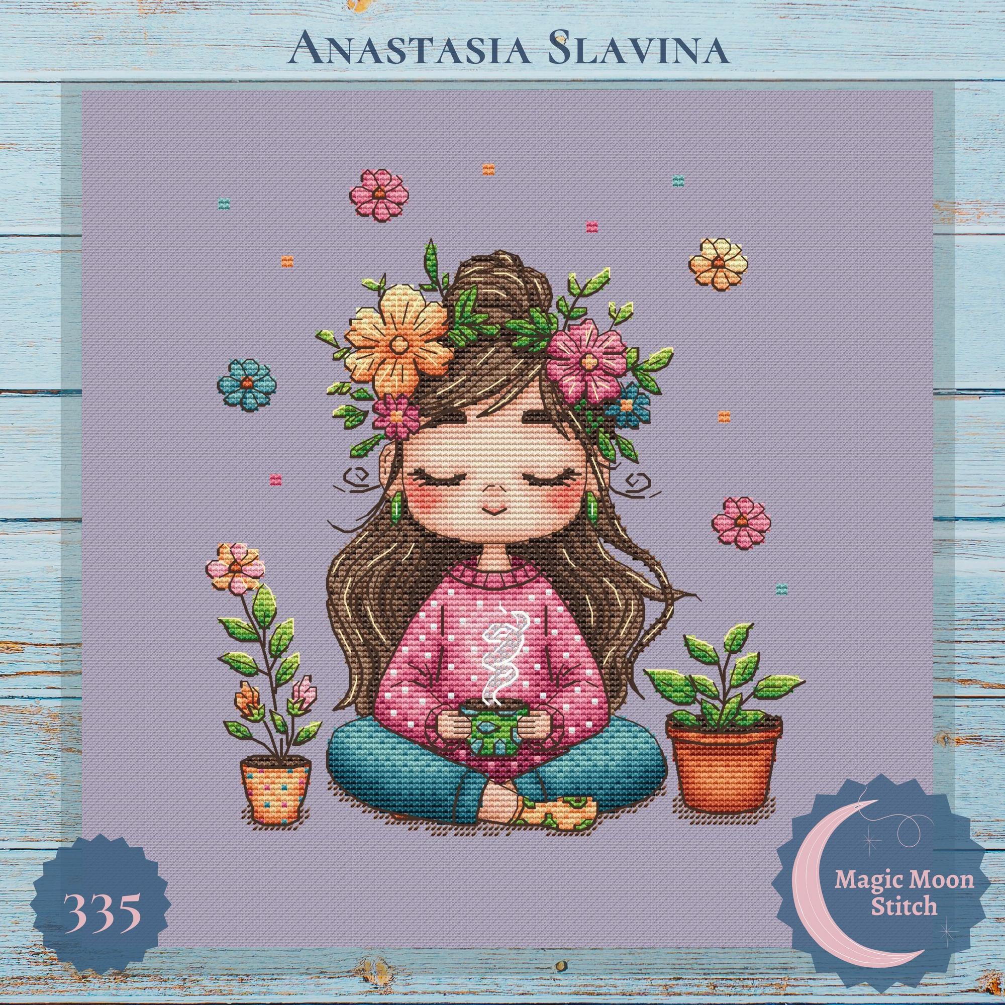 Tea and Coffee Meditation Girl  (3 colors) - cross stitch pattern