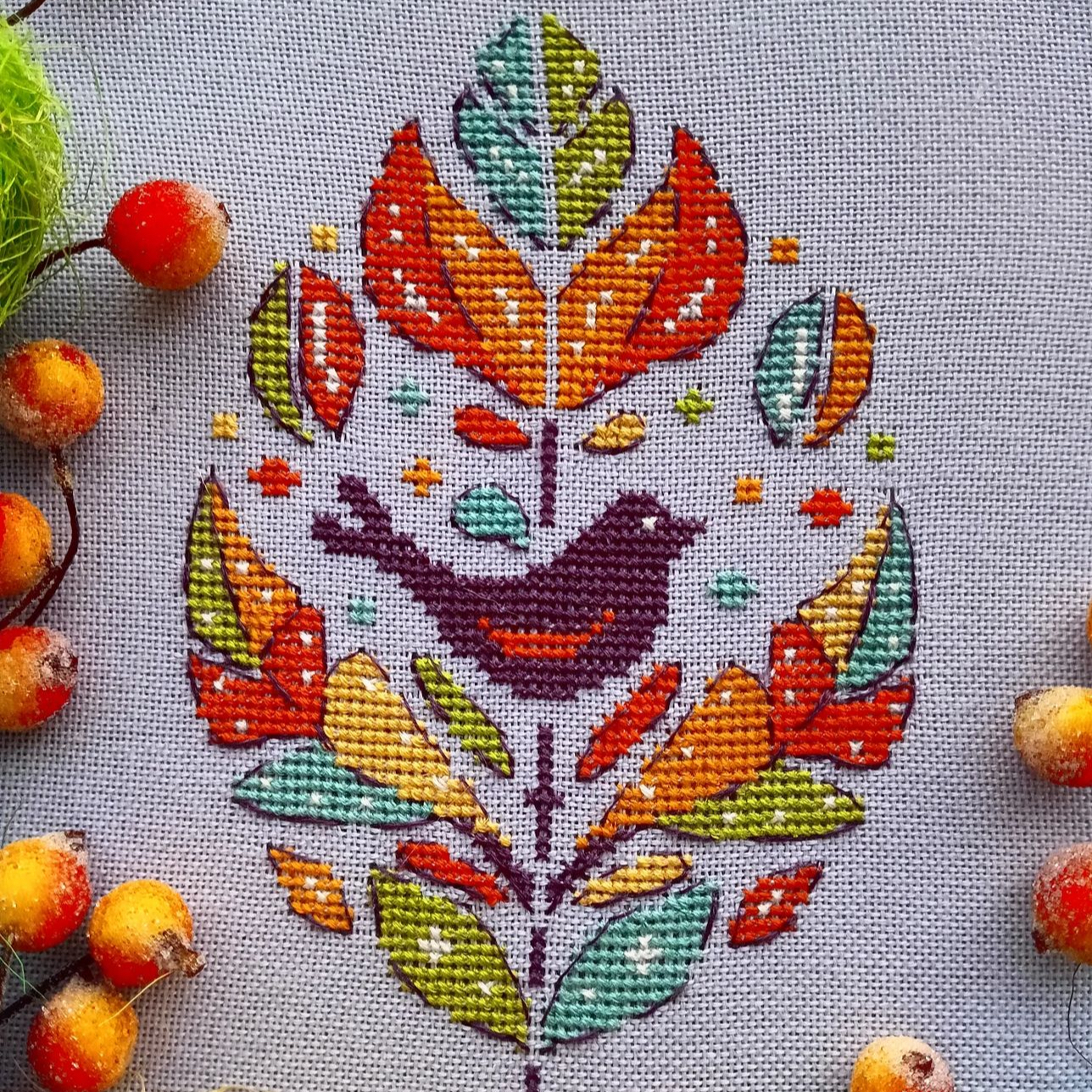 Bird leaf - cross stitch pattern