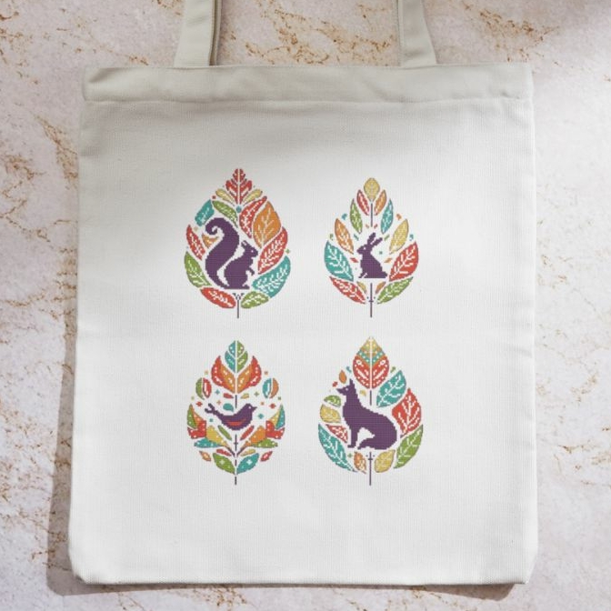 Autumn leaves with animals set - cross stitch pattern