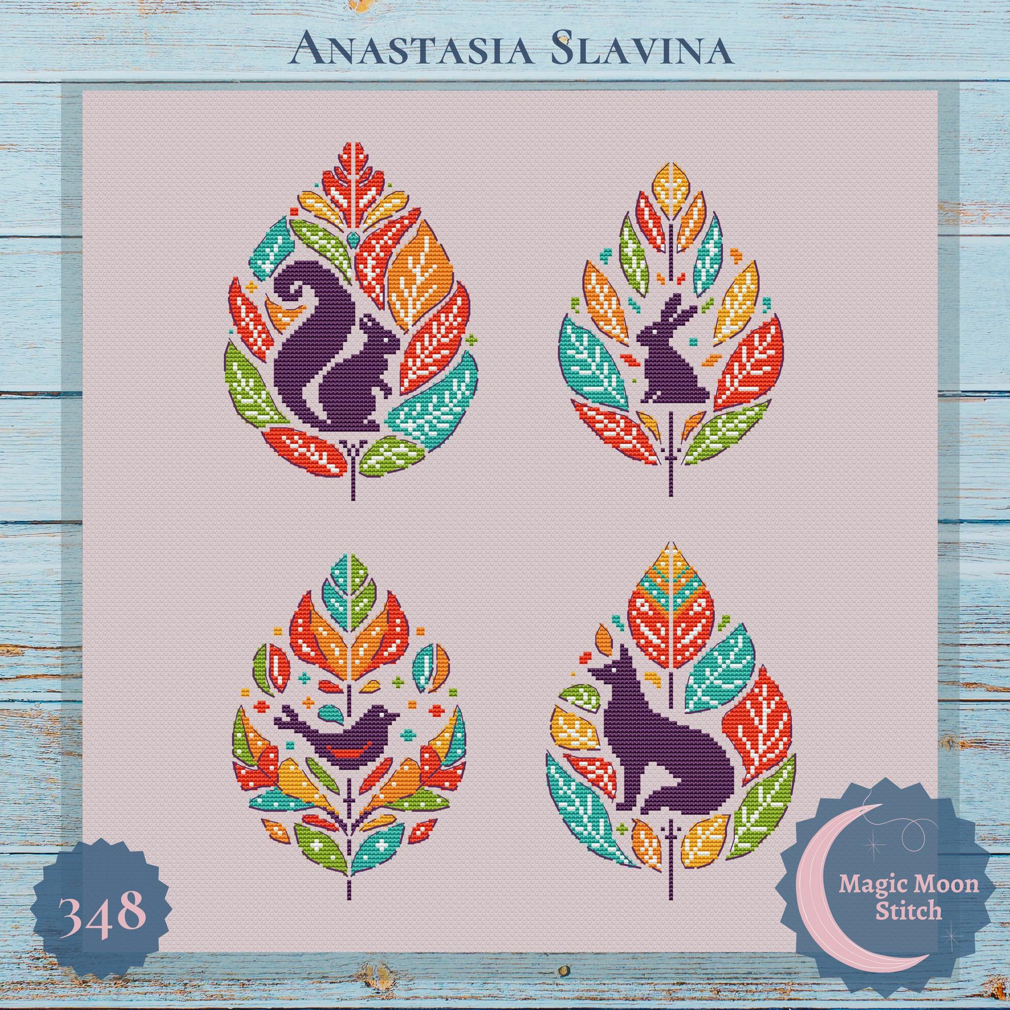 Autumn leaves with animals set - cross stitch pattern