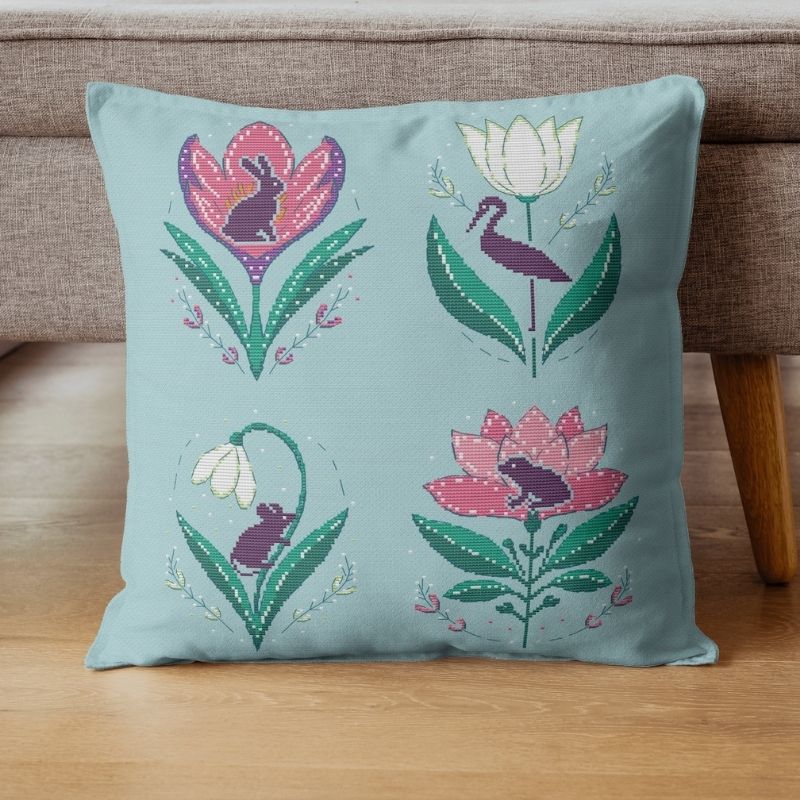 Spring flowers with animals set - cross stitch pattern