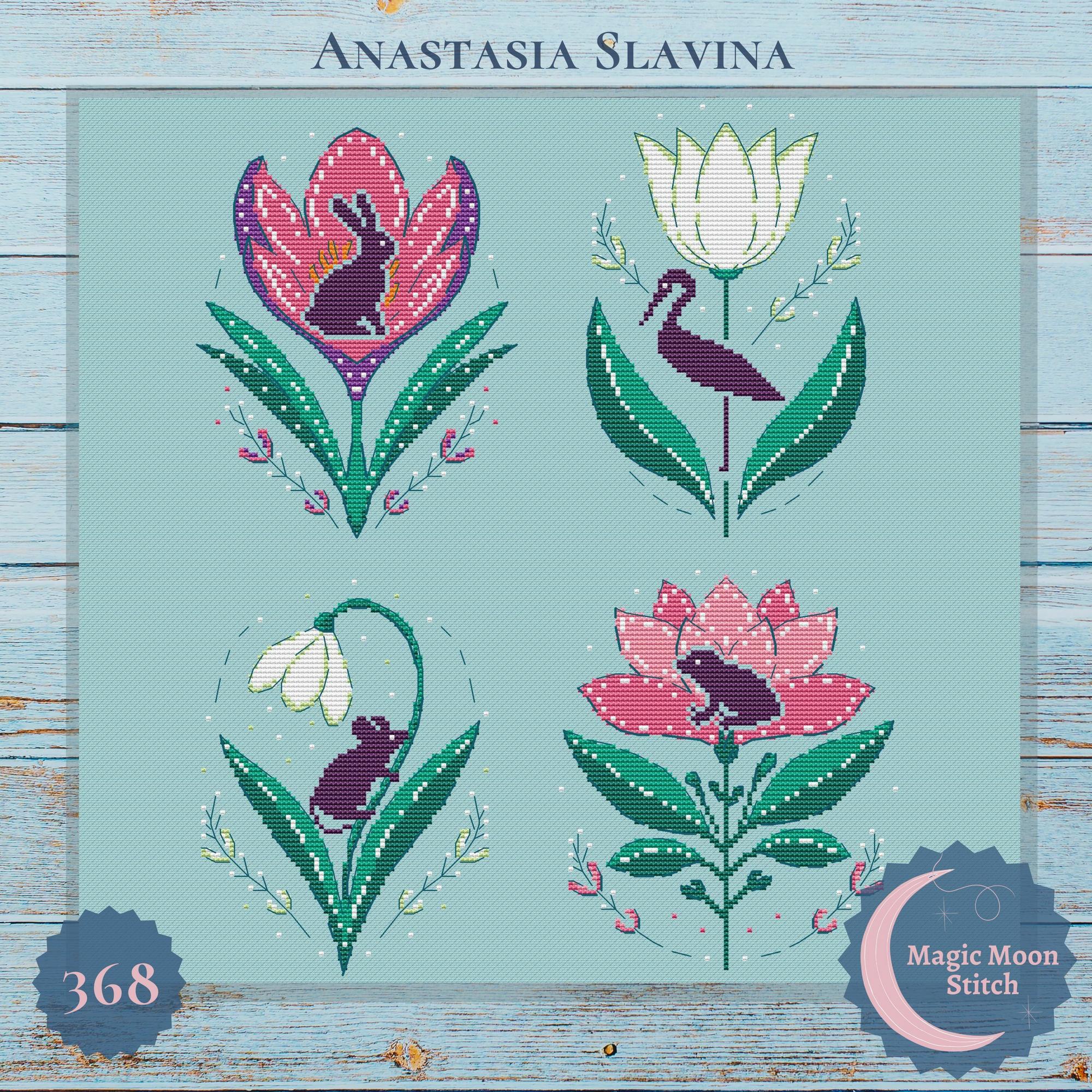 Spring flowers with animals set - cross stitch pattern