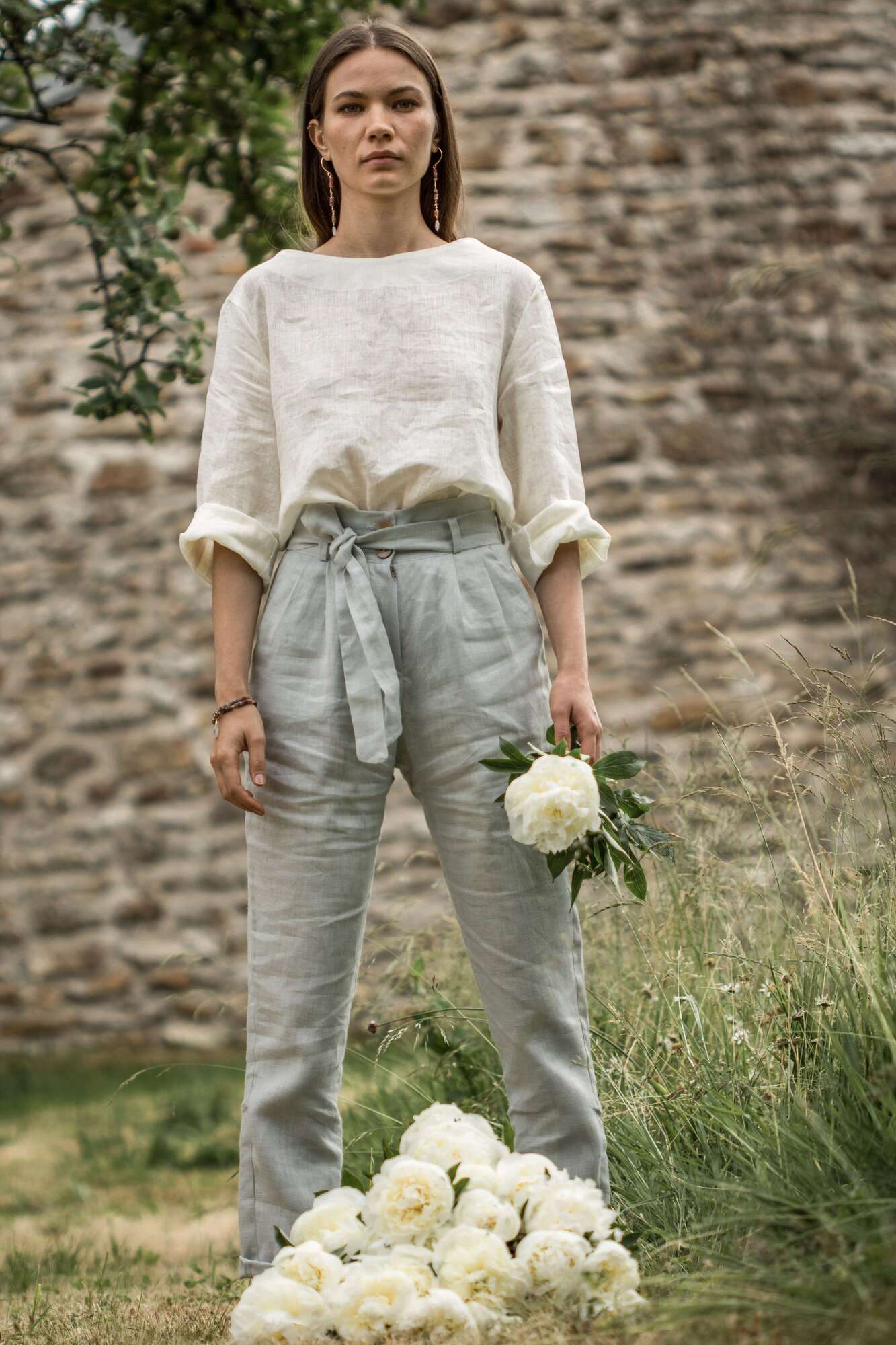 LINEN TROUSERS EUCALYPTUS HIGH WAIST