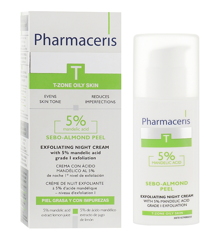 PHARMACERIS T Sebo-Almond-Peel Exfoliting Night Cream - Нічний крем-пілінг з 5% мигдальною кислотою