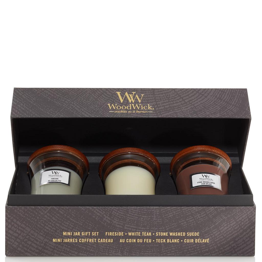 WOODWICK Mini Fireside, Stone washed, White teak - Набір свічок