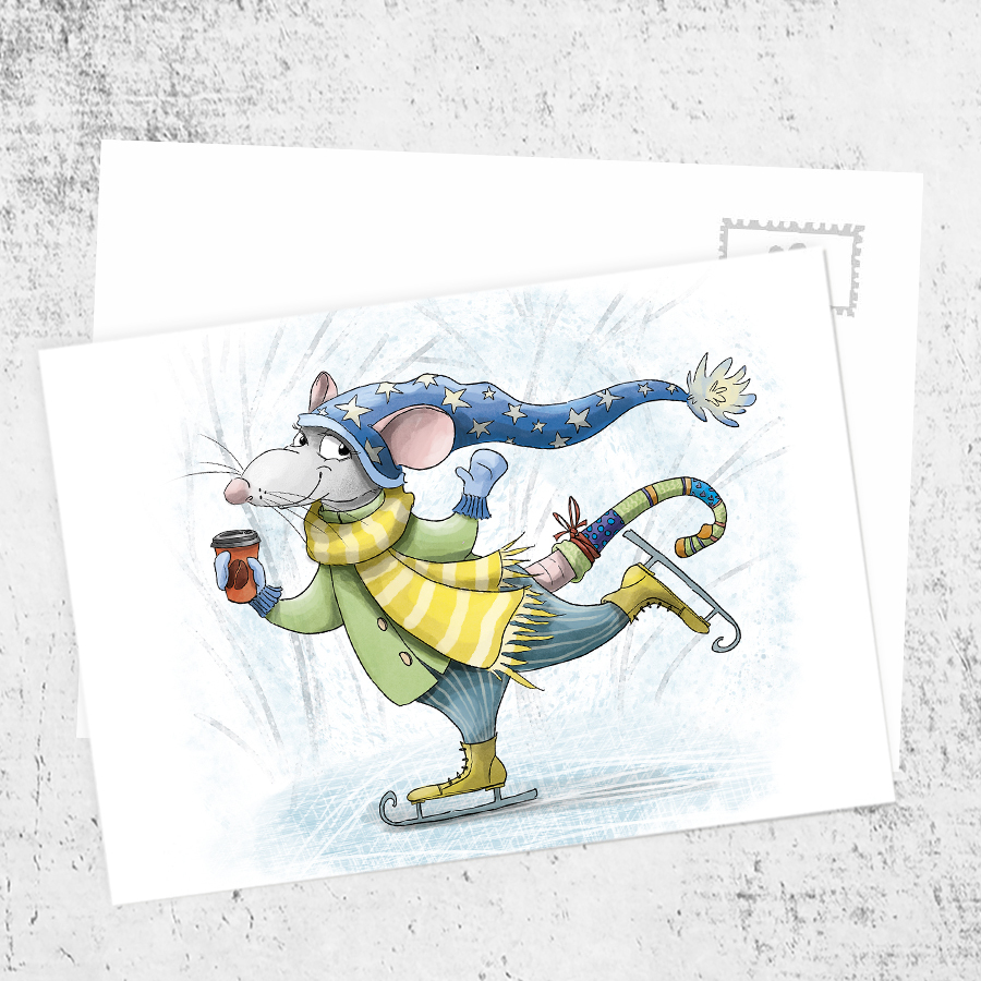 Почтовая открытка «Крыса на коньках»