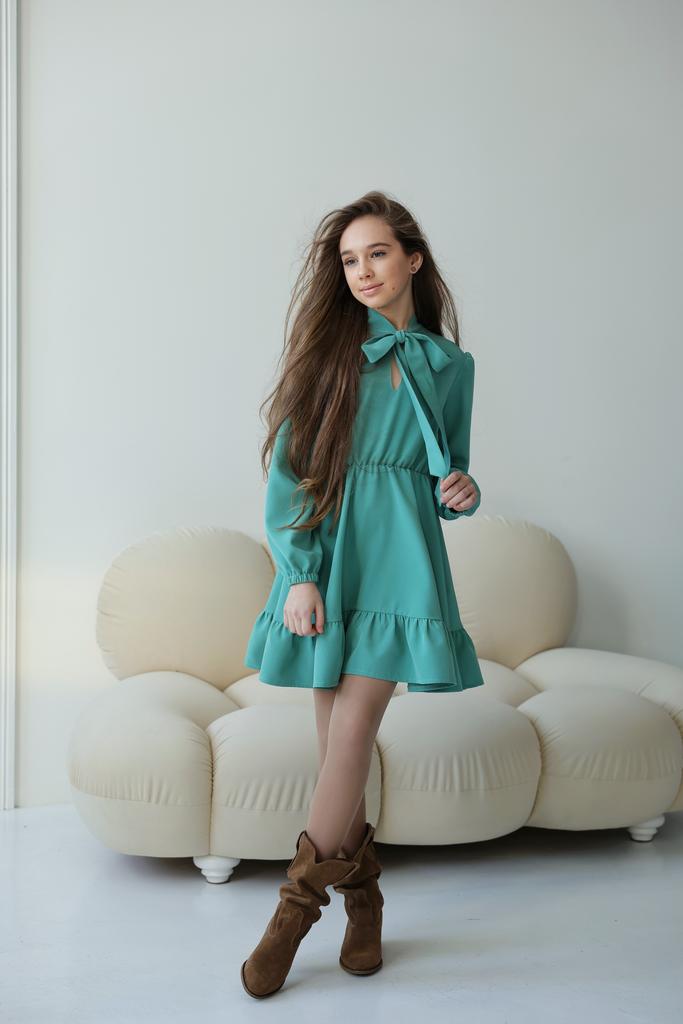 БІРЮЗОВА СУКНЯ З БАНТОМ