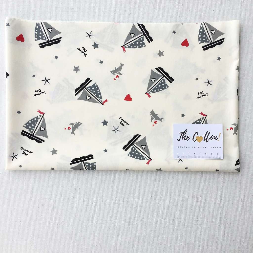 14.306. Відрізи бавовни - Сатин - Кораблики сірі на молочному