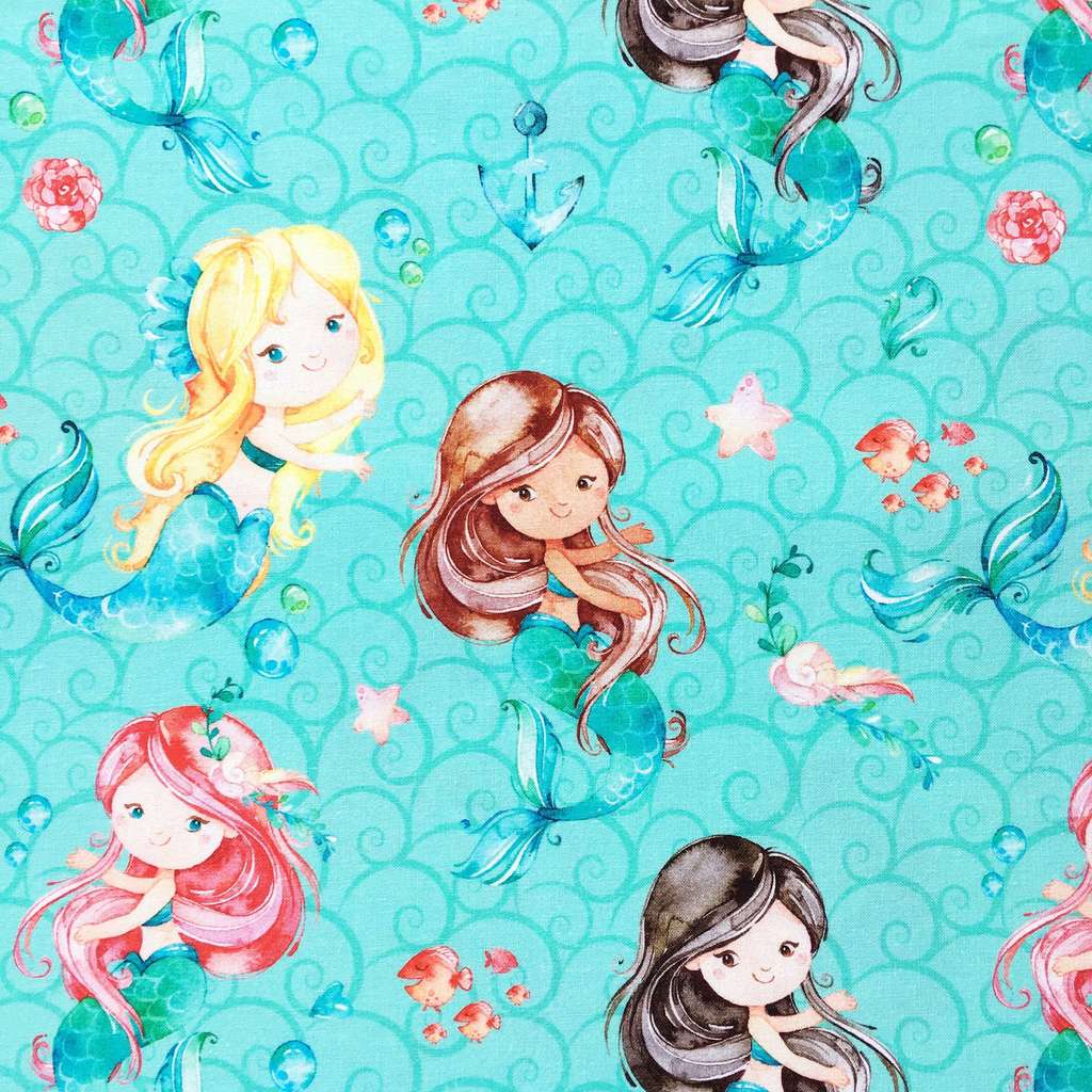 10.64. Відрізи - Преміум-бавовна - Русалочки на блакитному