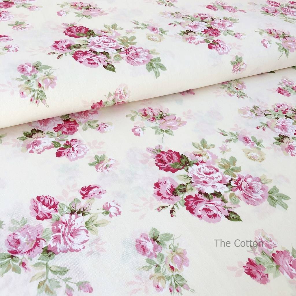 Ткань хлопок, сатин - Пионовидные розочки на кремовом