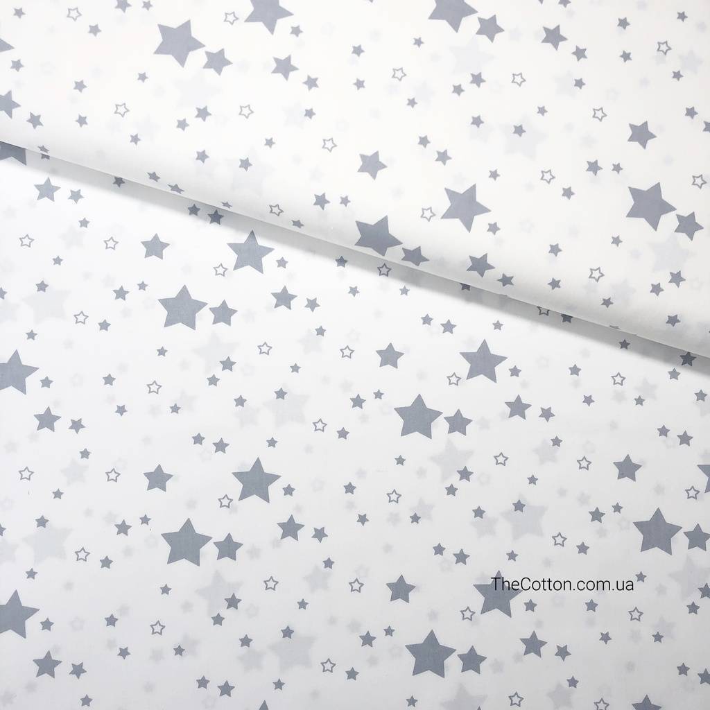 Ткань хлопок, сатин - Звезды разные, серые на белом