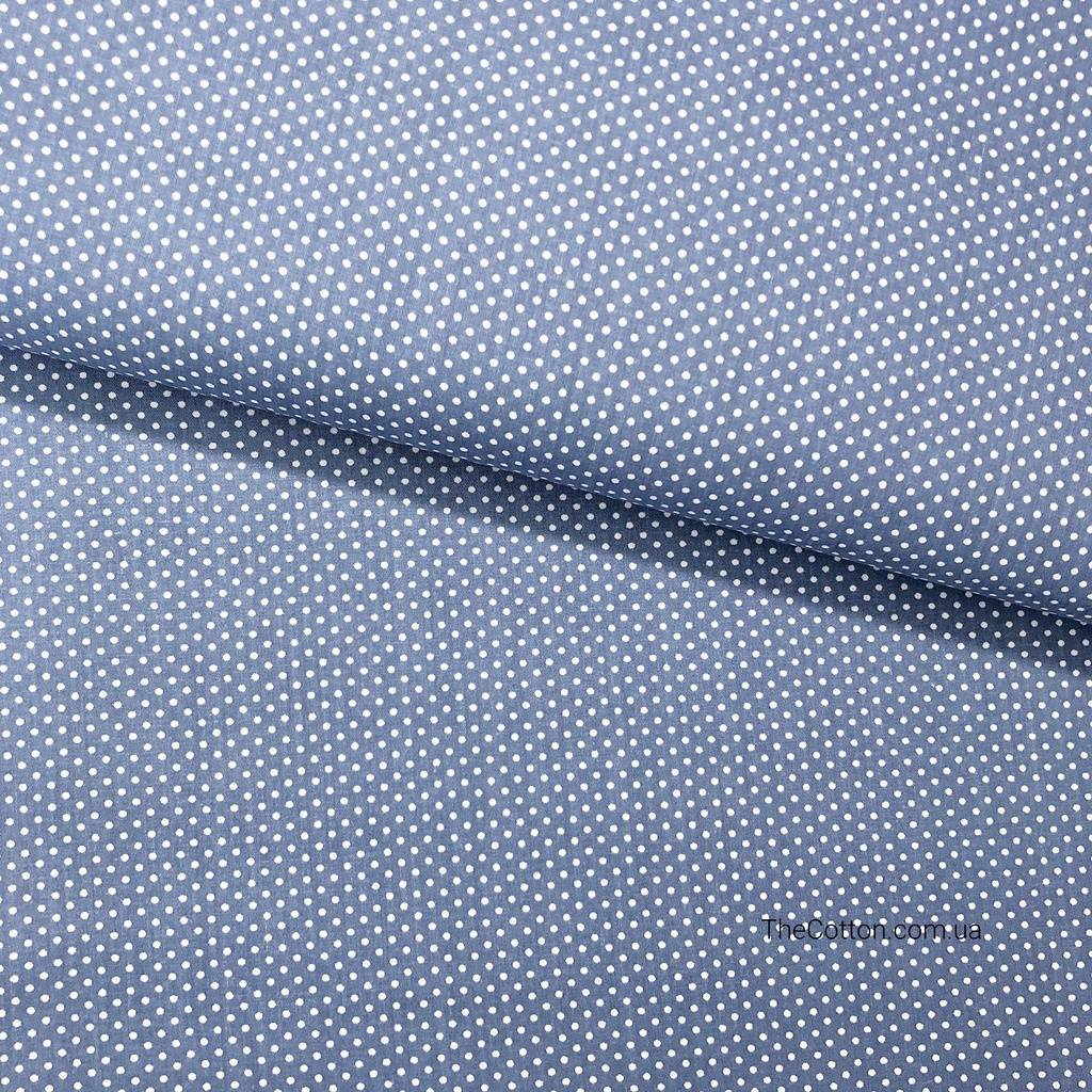 Ткань хлопок, сатин - Горошек мелкий на джинсовом синем