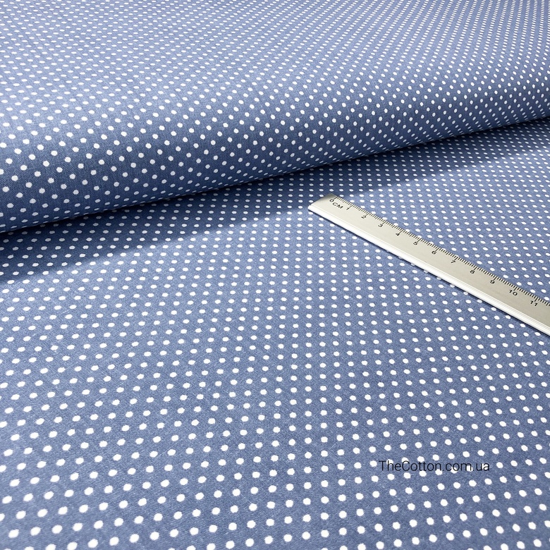 14.106. Бавовна Сатин - Горошок дрібний 2,5 мм на джинсовому синьому.