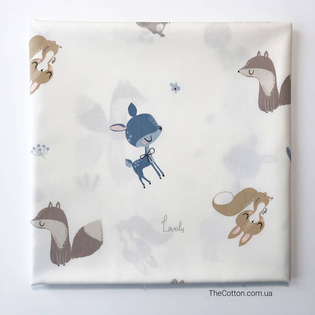 14.323.2. Відрізи бавовни - Сатин - Лісові звірята з бежевою лисичкою на молочному