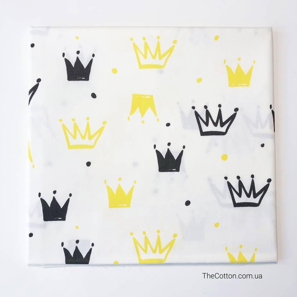 14.177. Відрізи бавовни - Сатин - Корони жовті та чорні на білому