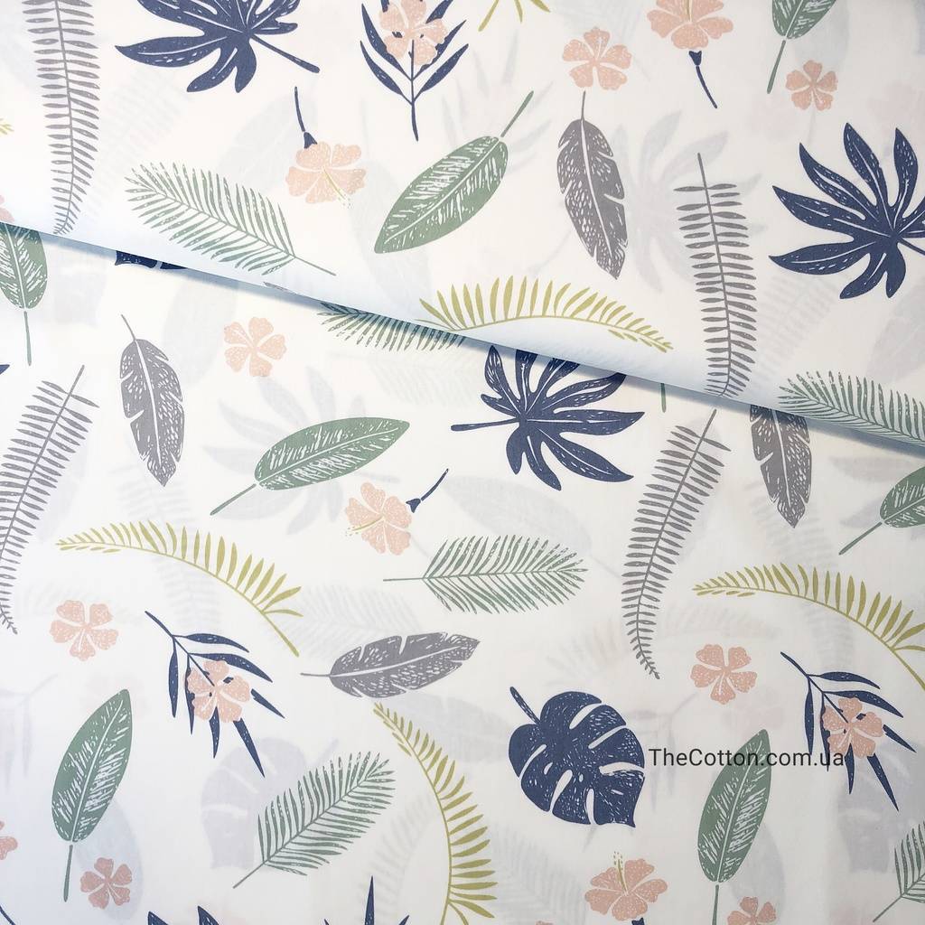 Ткань хлопок, сатин - Тропические крупные листья на молоке
