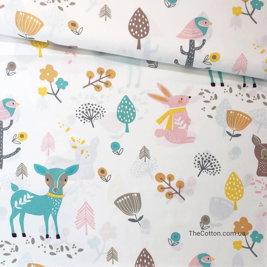 Ткань хлопок, сатин - Мятные олени и розовые зайцы на молоке