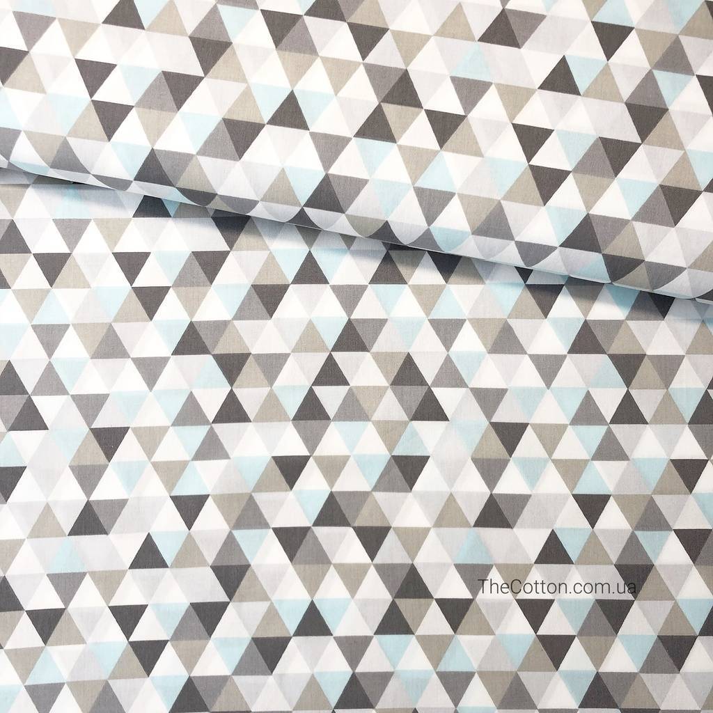 Хлопок сатин - Треугольники голубые, серые, графитовые