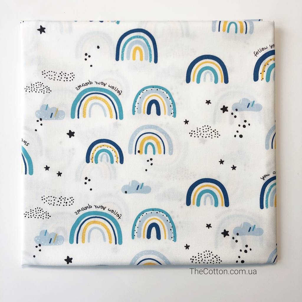 Сатин, хлопок 100% - Сканди радуга голубая на белом