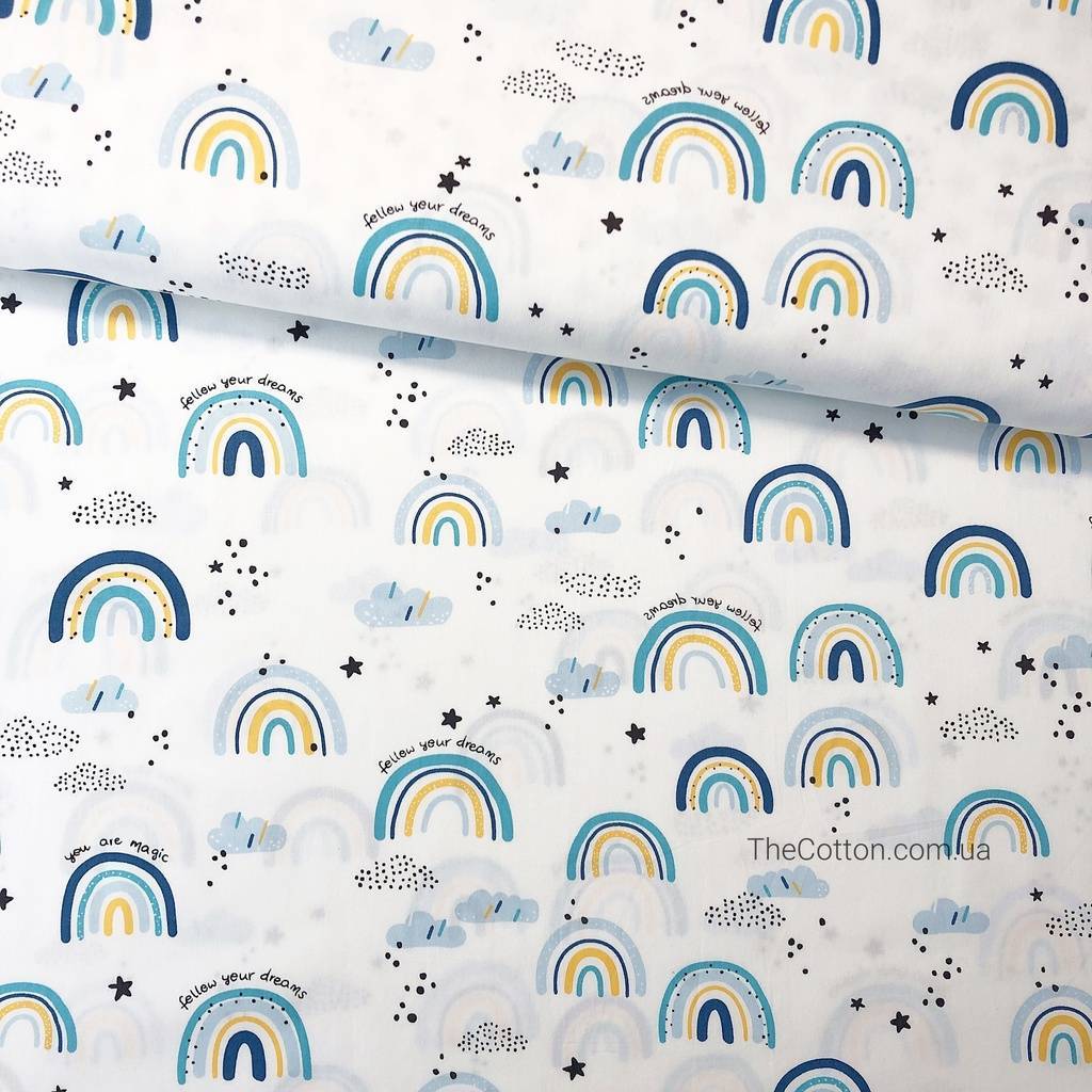 Детская хлопковая ткань - Сканди радуга голубая на белом