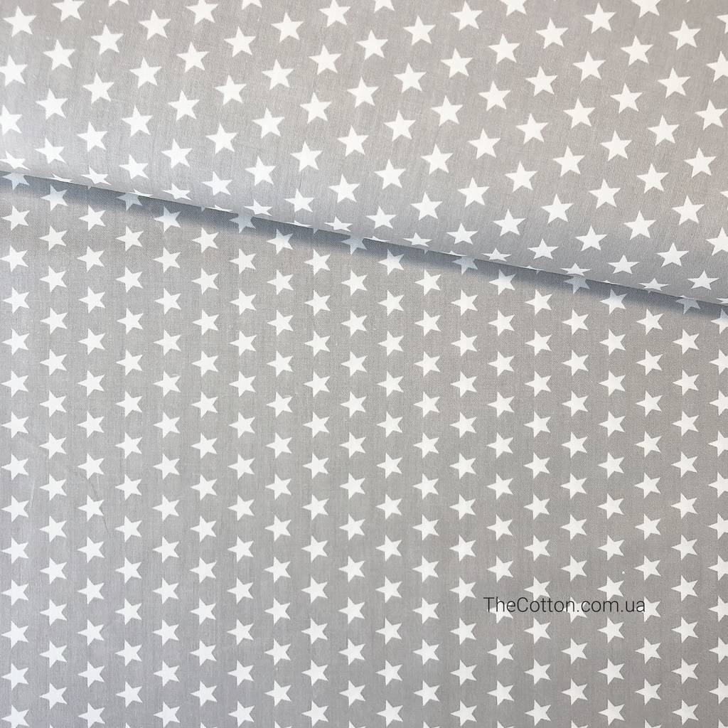 Ткань хлопок, сатин - Звездочки белые 12 мм на сером