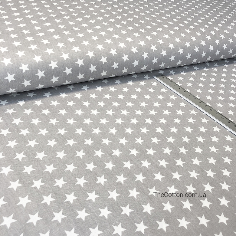 14.157.2. Бавовна Сатин - Зірочки білі 12 мм, на сірому