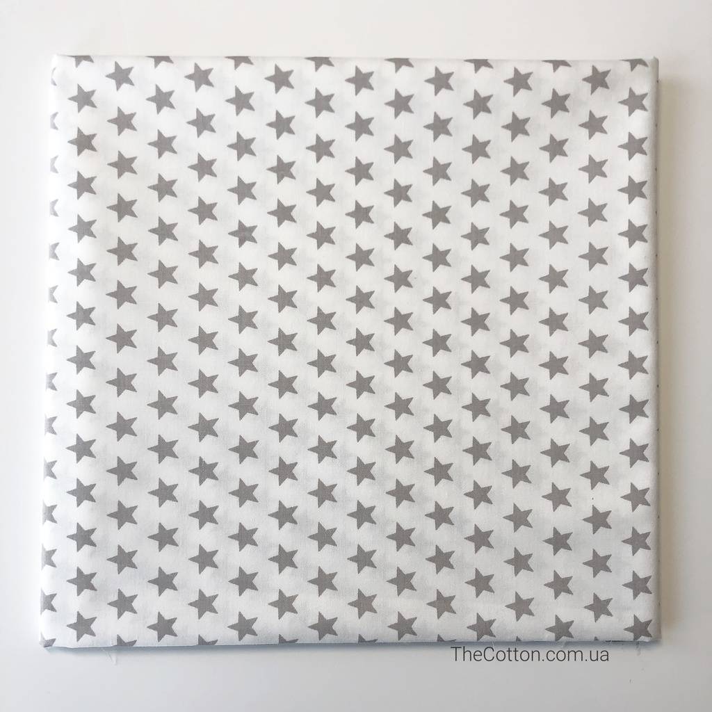 Сатин, хлопок 100% - Звездочки серые 12 мм, на белом
