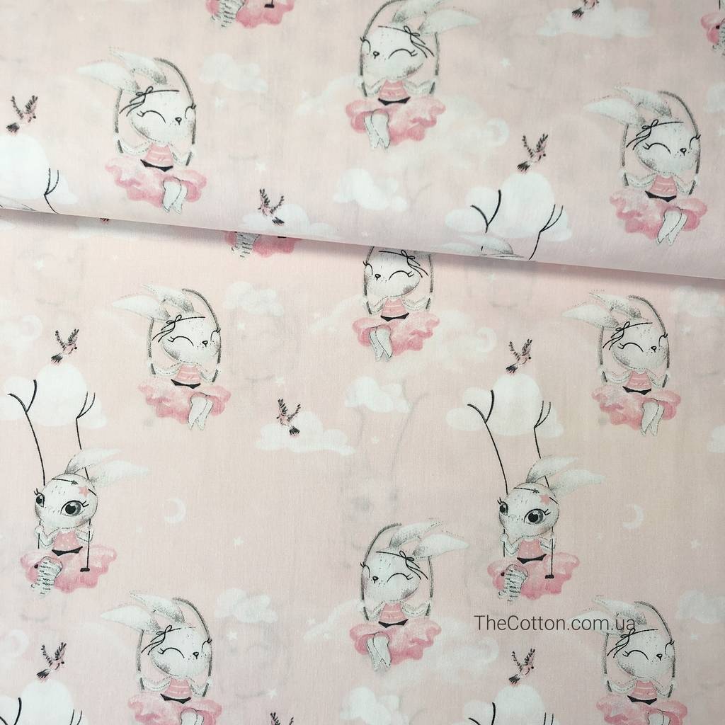 Сатин, хлопок 100% - детские ткани The Cotton - Зайки в розовых платьях на качелях на светло-розовом