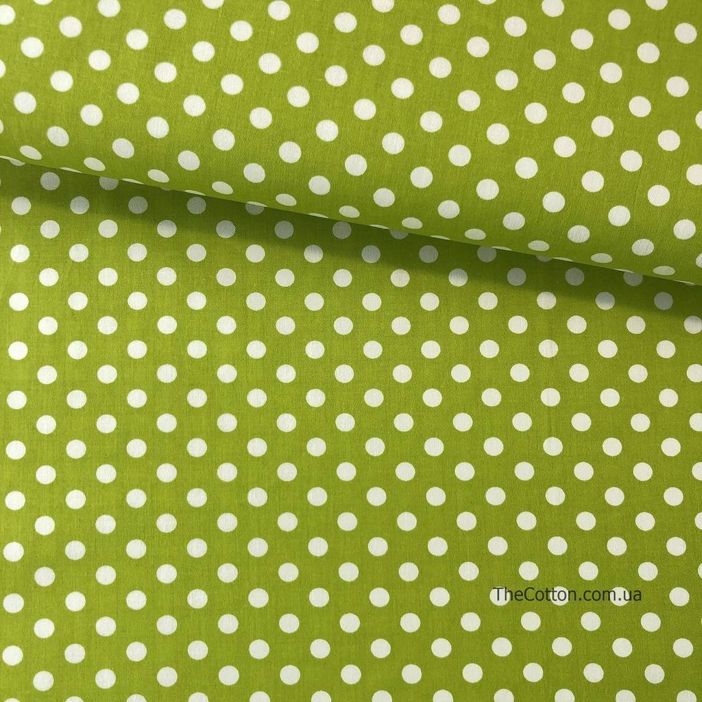 Сатин хлопок 100% - детские ткани The Cotton - Горох средний белый на оливково-зеленом
