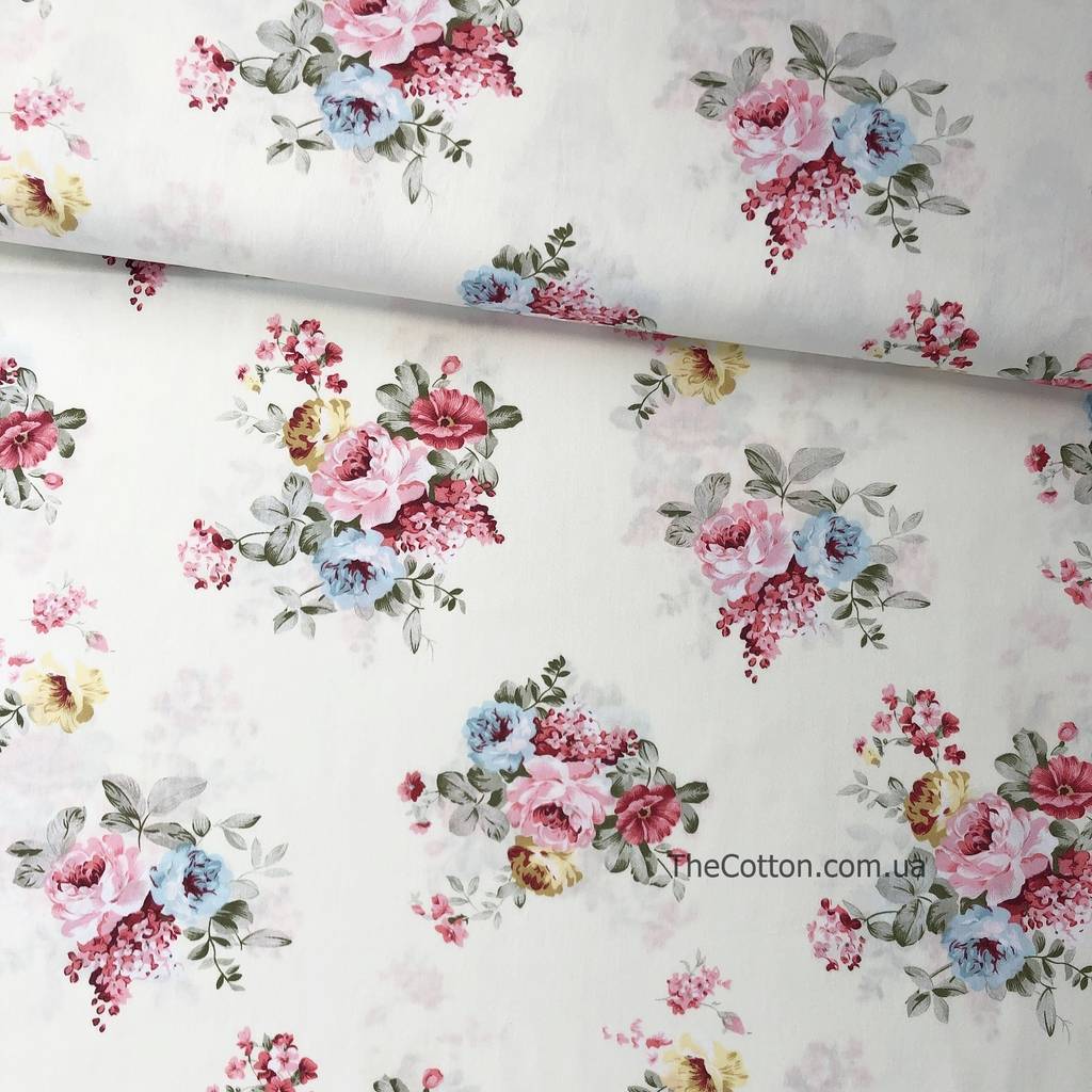 Ткань сатин хлопок 100% - детские ткани The Cotton - Весенние букеты на молочном