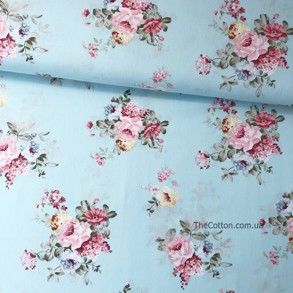 Ткань сатин хлопок 100% - детские ткани The Cotton - Весенние букеты на голубом