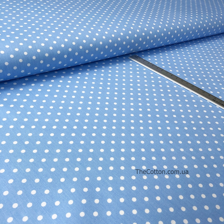 14.104.7. Відрізи бавовни - Сатин - Горошок, 4 мм, на блакитному