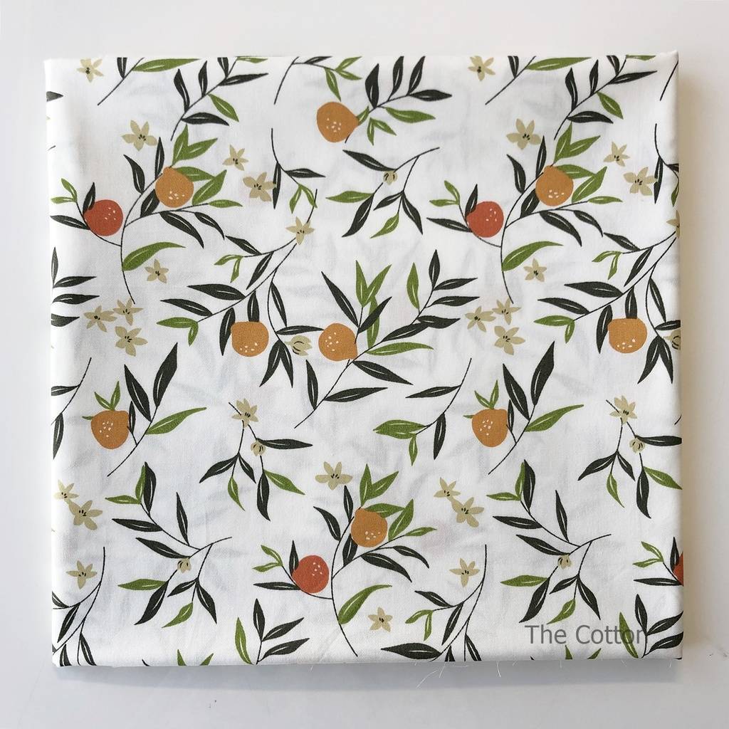 Отрезы тканей, хлопок сатин, Мандариновые ветви на белом