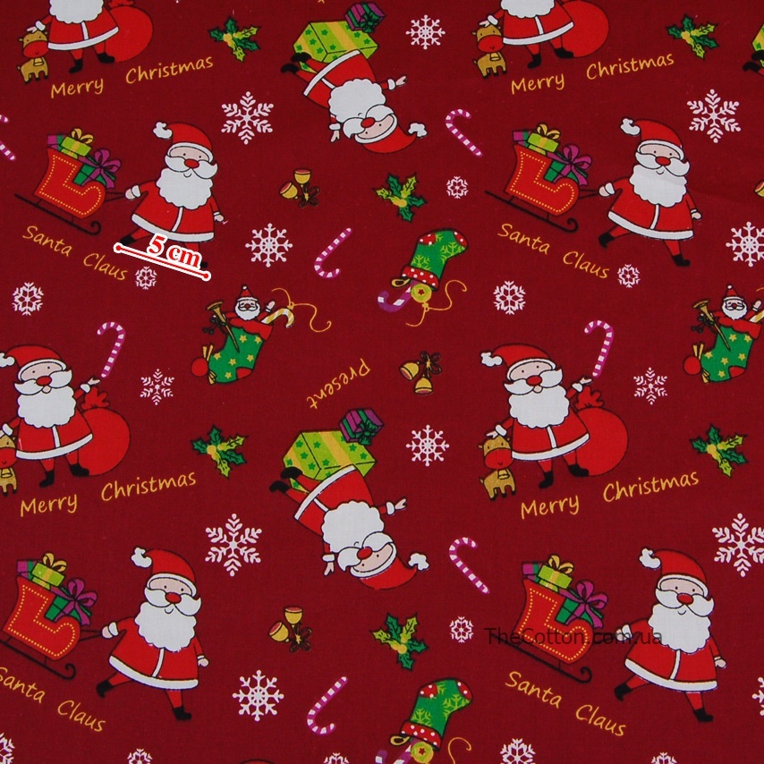 14.506.1. Бавовна Сатін - Санта з подарунками на темно-червоному