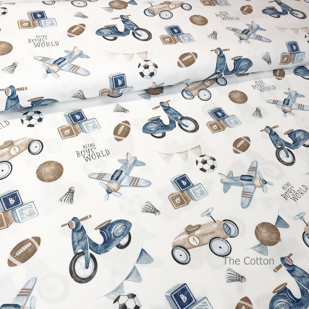 Детский 100% хлопок сатин - Ретро игрушки, синие на молоке, опт и розница