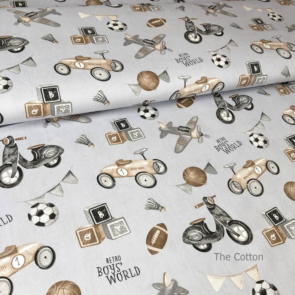 Сатин, хлопок 100% - детские ткани The Cotton - Ретро игрушки, серые на светло-сером
