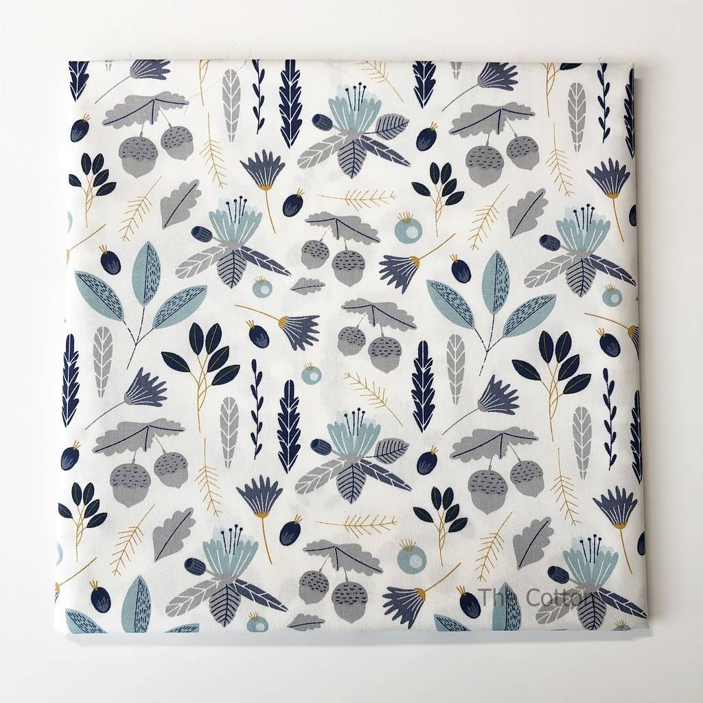 Ткань хлопок, сатин - Синие веточки и жёлуди на белом