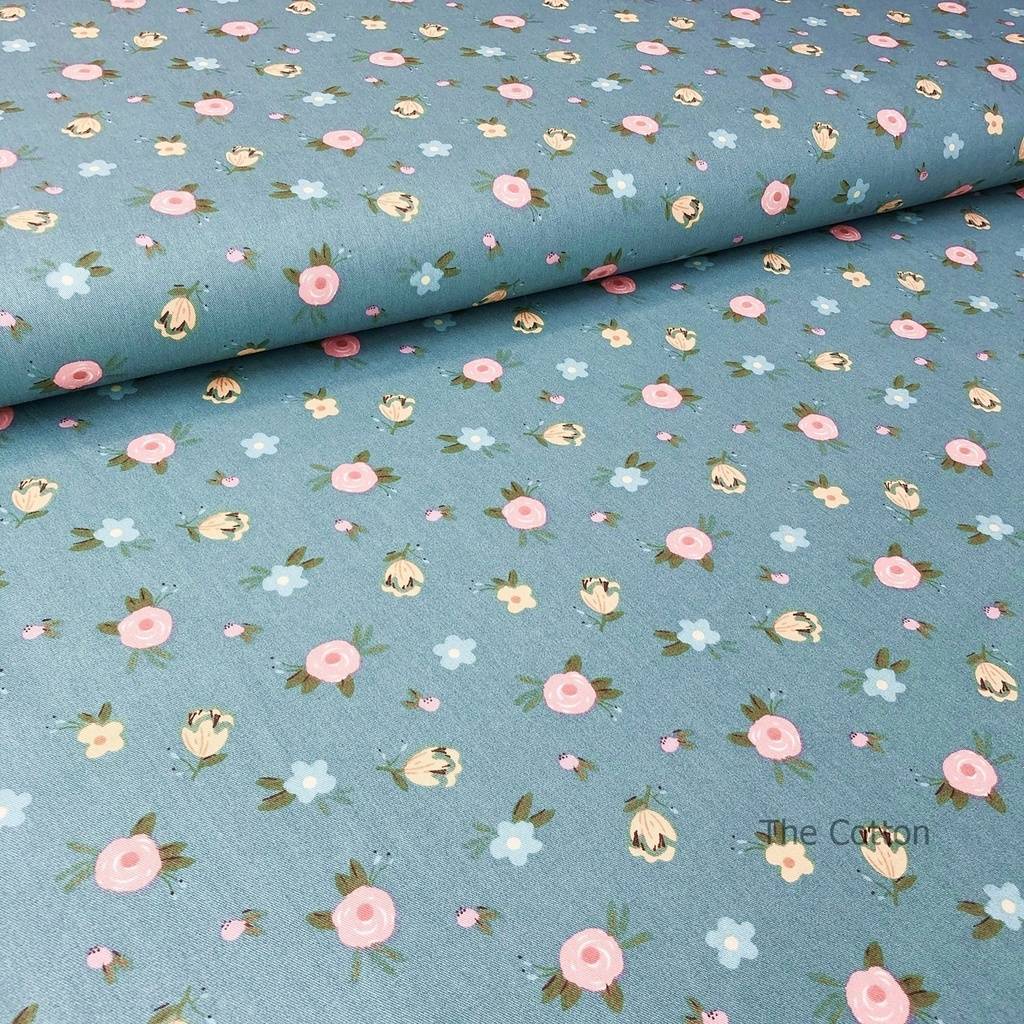 Сатин, хлопок 100% - детские ткани The Cotton - Цветочки разные на морском
