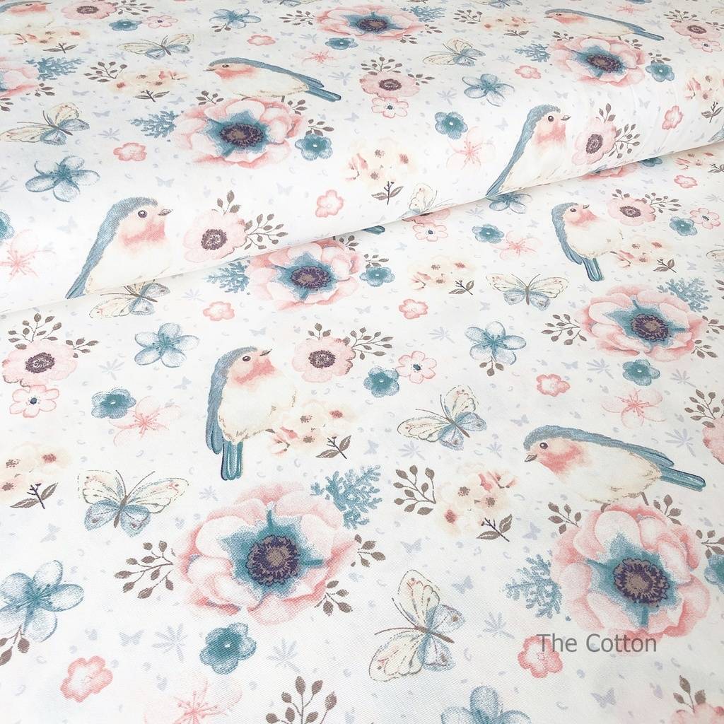 Сатин, хлопок 100% - детские ткани The Cotton - Птички, анемоны и бирюзовые цветочки