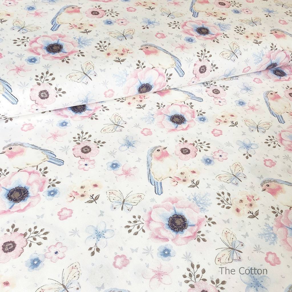 14.384.1. Бавовна Сатин - Пташки, анемони та блакитні квіточки