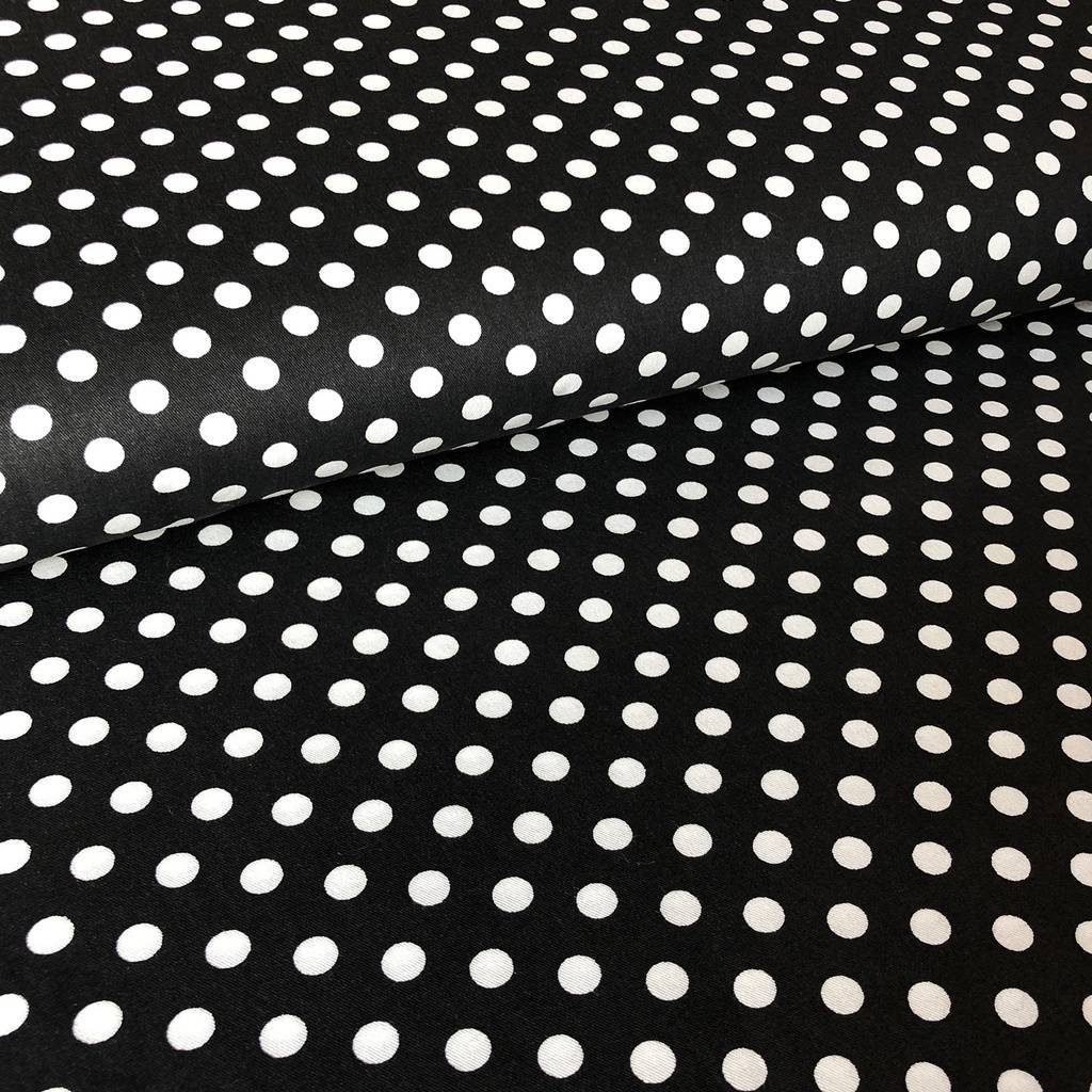 Хлопок Сатин  Горох средний, 7 мм, белый на черном, натуральная ткань для домашнего текстиля, одежды и рукоделия