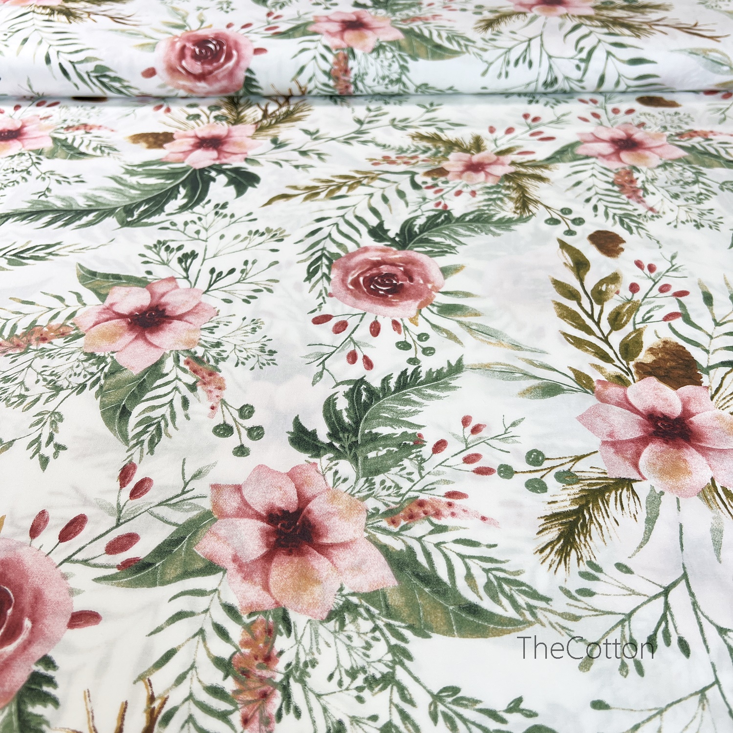 14.291.2. Бавовна Сатин - Рожеві квіти з великим листям на молочному