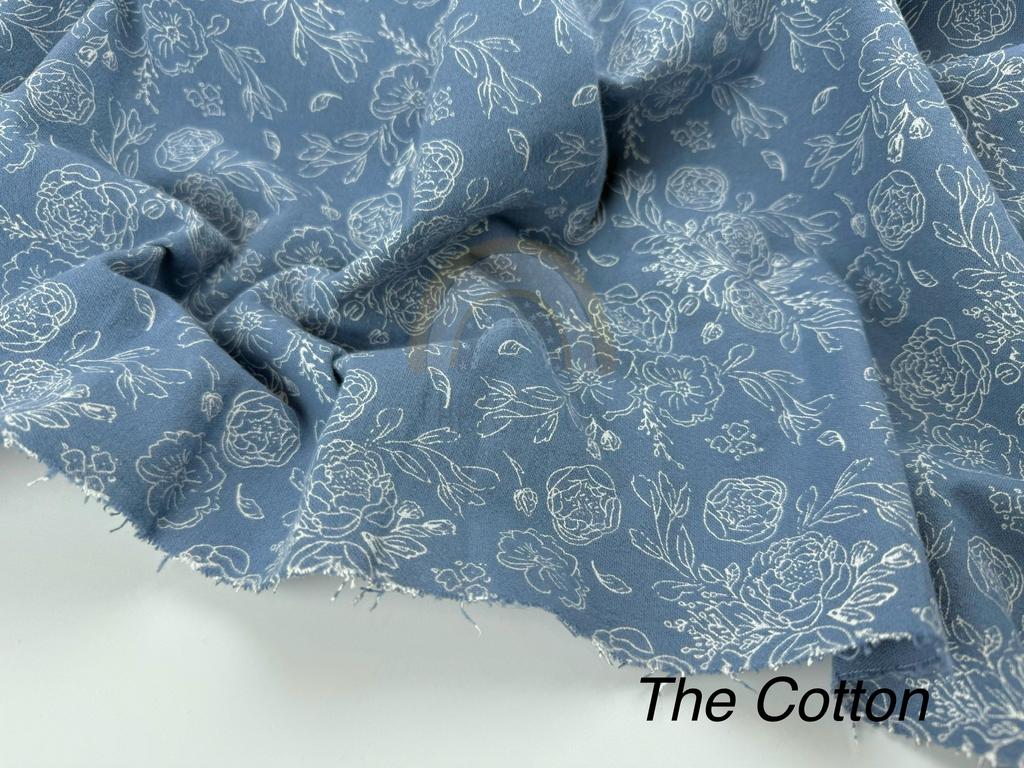 Фланель - Тепла бавовна - Квіти намальовані на блакитному